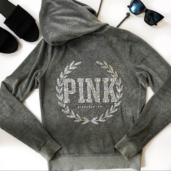 PINK Victoria's Secret Jackets & Blazers - VS PINK | Gray Crushed Velvet Sequined Hoodie